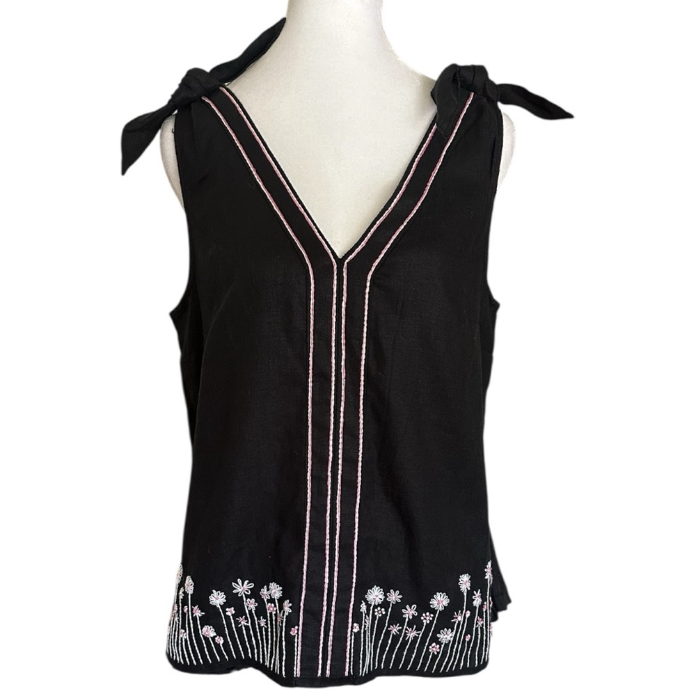 J Crew Women's Black Sleeveless Light Top Floral Embroidery Cottagecore Size S
